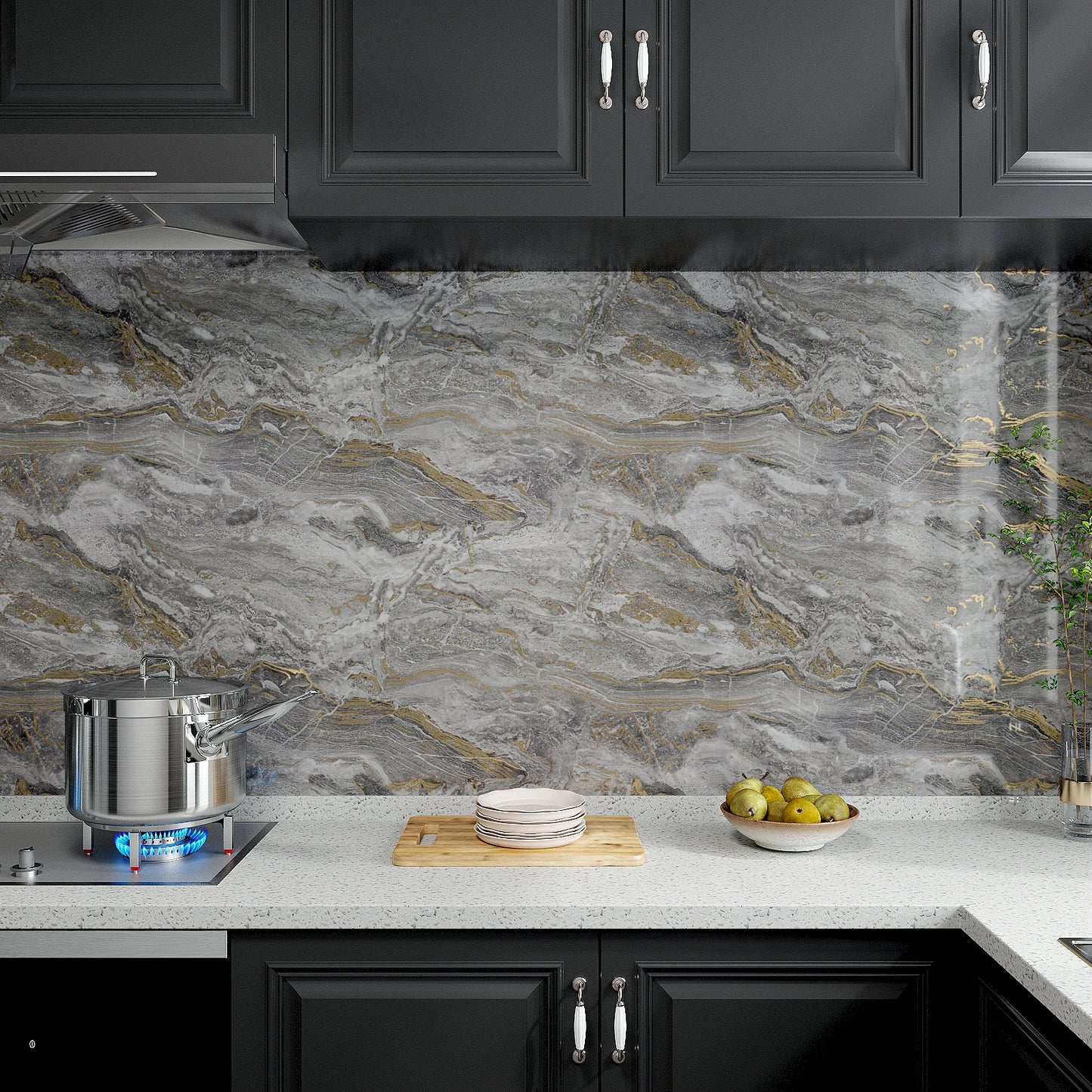 VaryPaper Glossy Grey Gold Marble Contact Paper