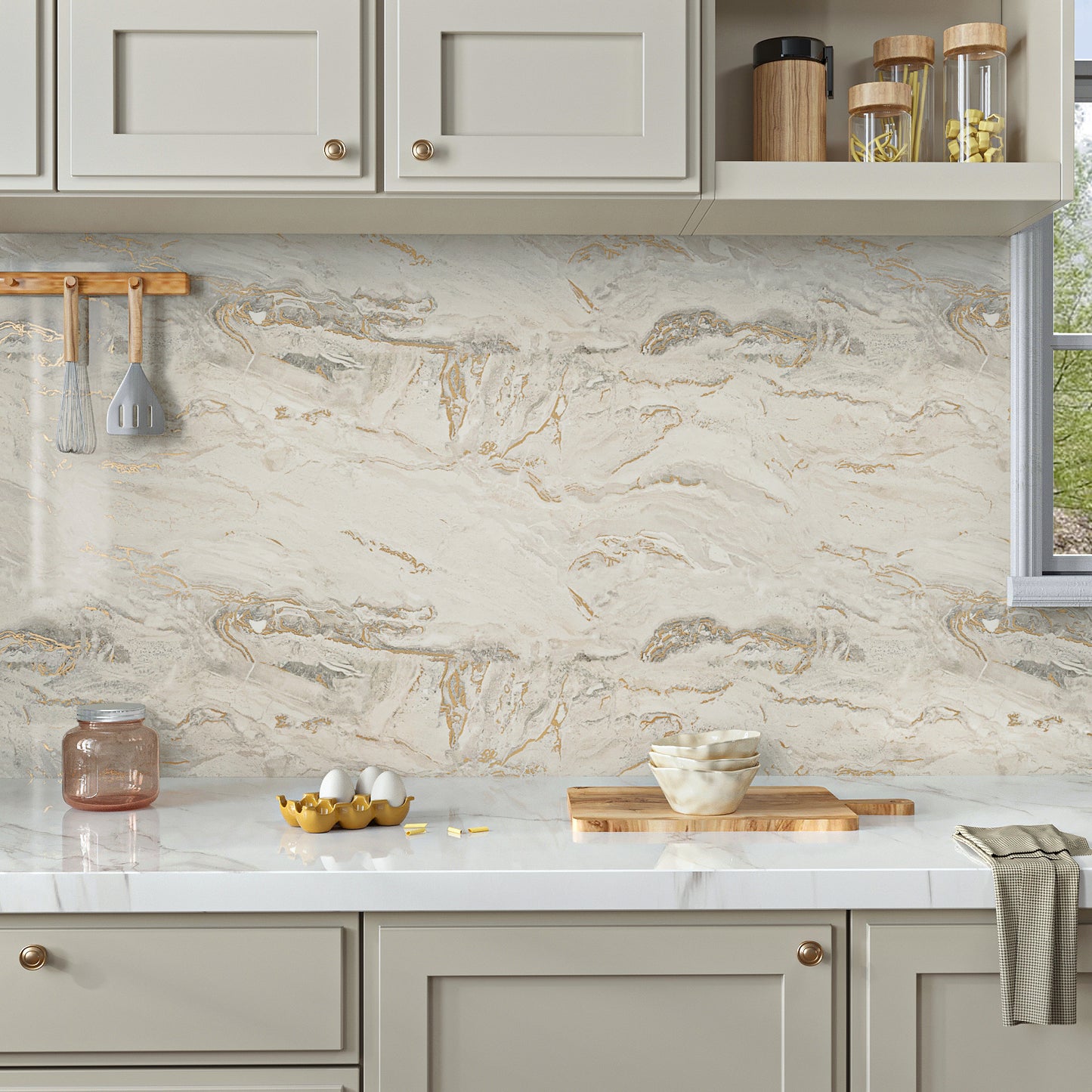 VaryPaper Glossy Beige Grey Gold Marble Contact Paper