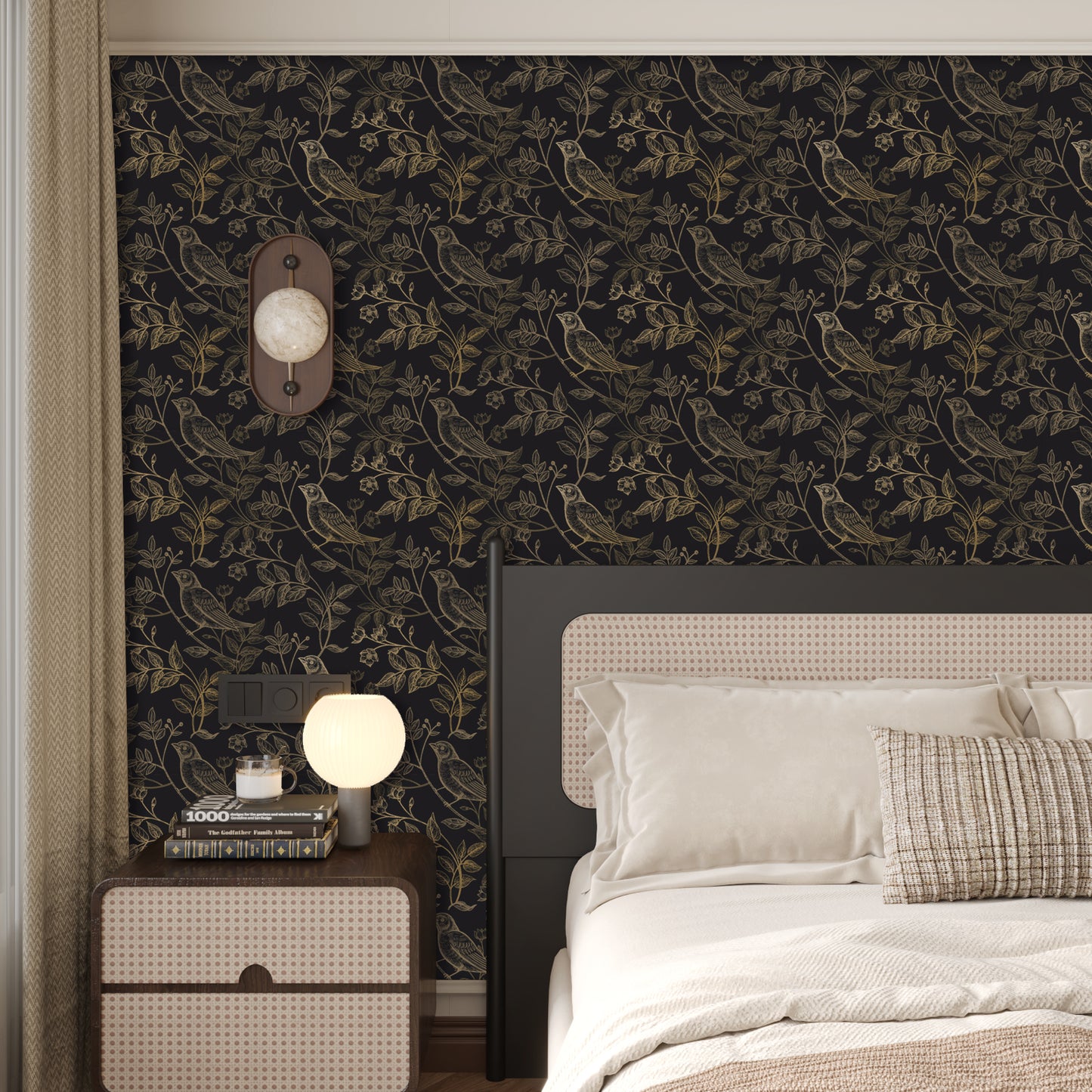 VaryPaper Black and Gold Floral Bird Wallpaper