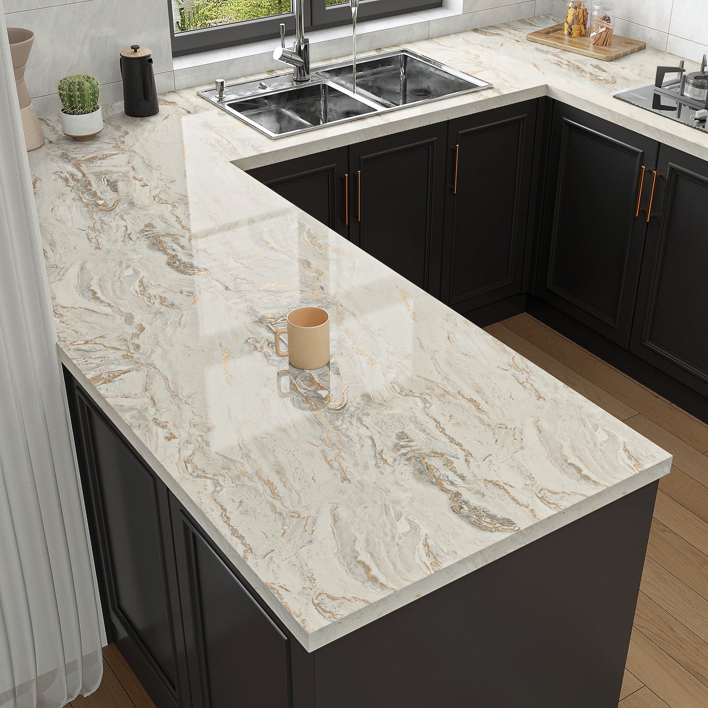 VaryPaper Glossy Beige Grey Gold Marble Contact Paper