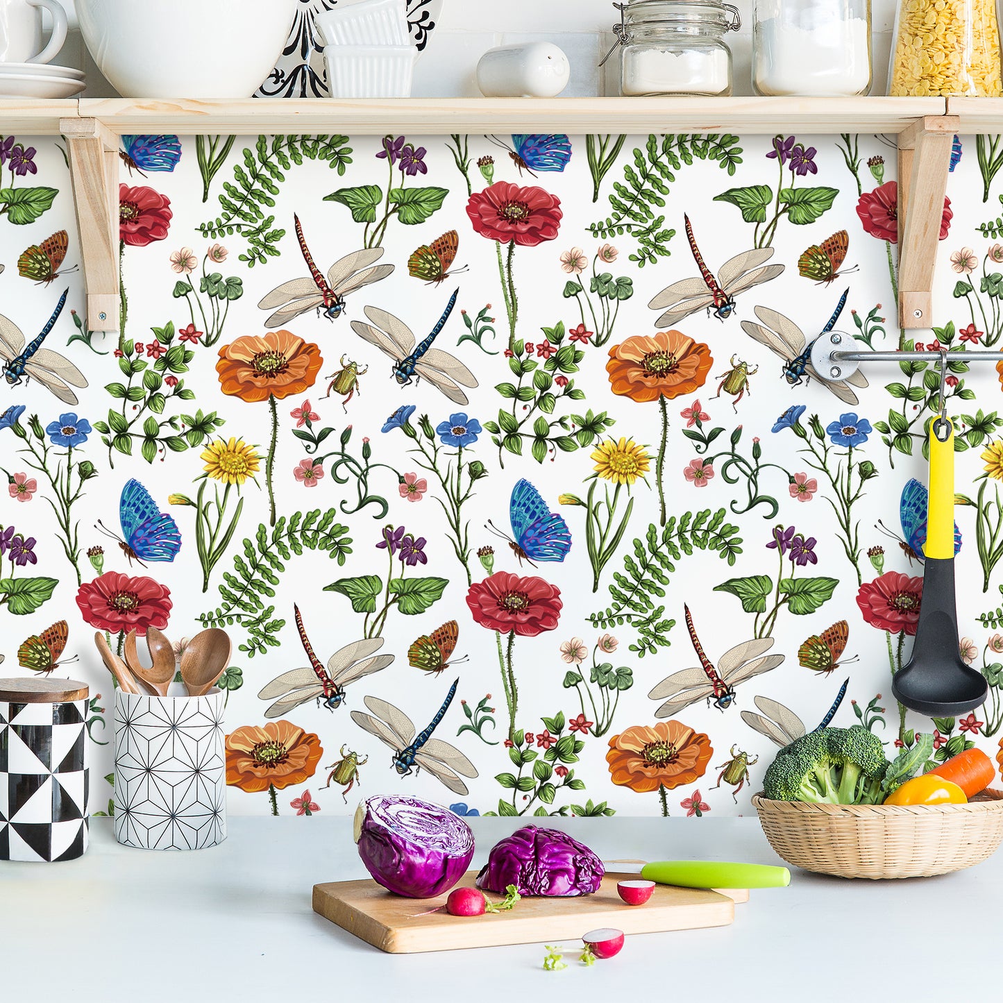 VaryPaper Boho Dragonfly Floral Peel and Stick Wallpaper