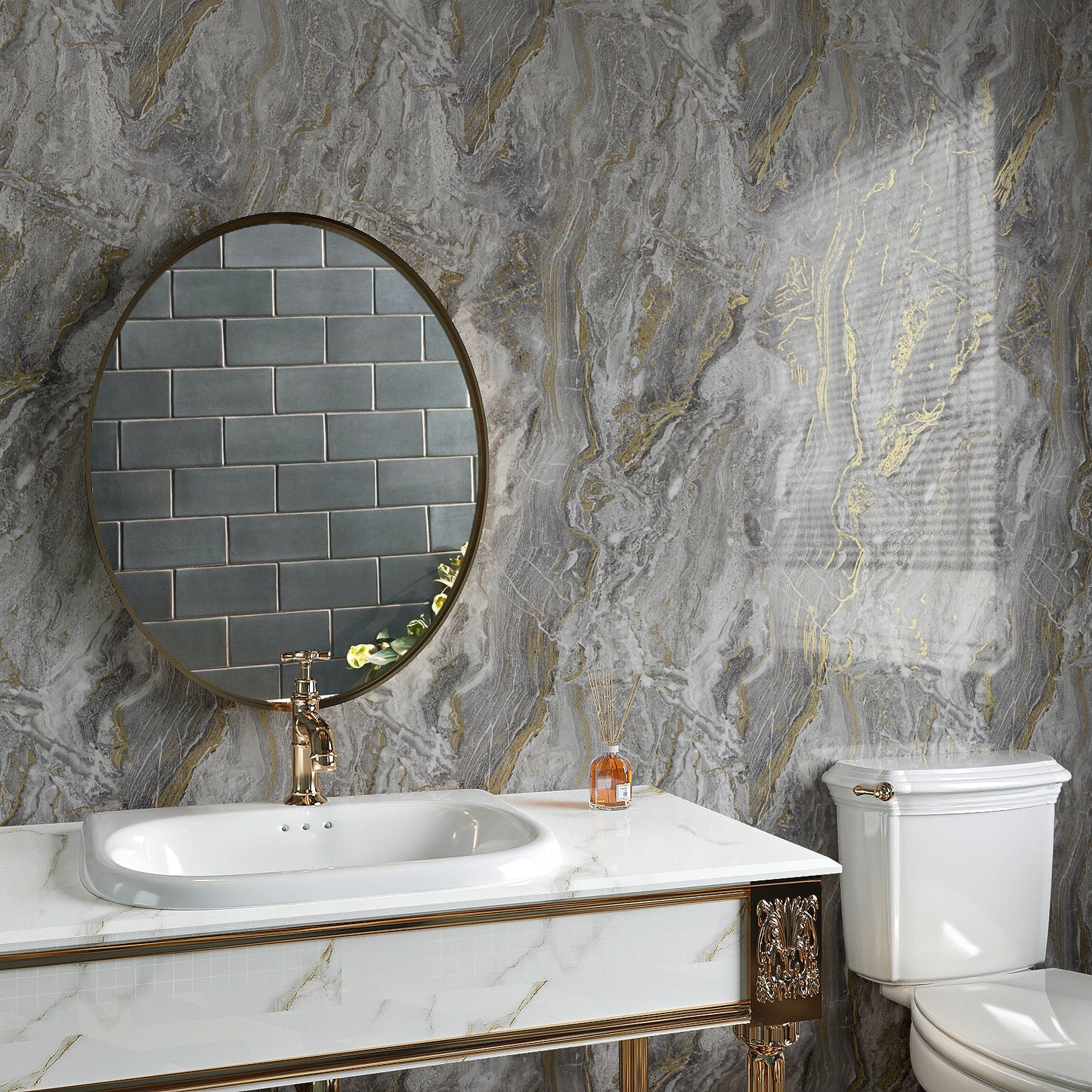 VaryPaper Glossy Grey Gold Marble Contact Paper