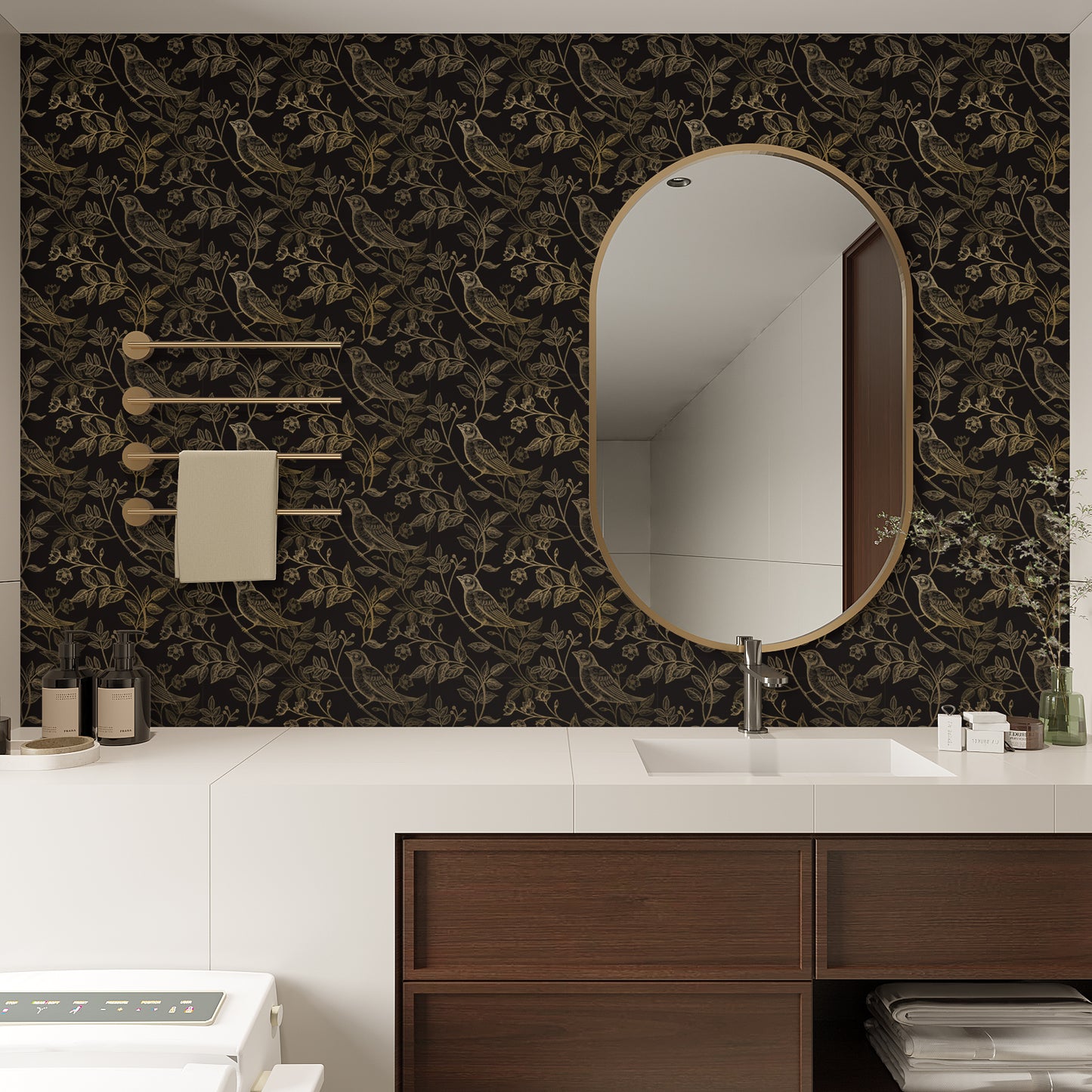VaryPaper Black and Gold Floral Bird Wallpaper