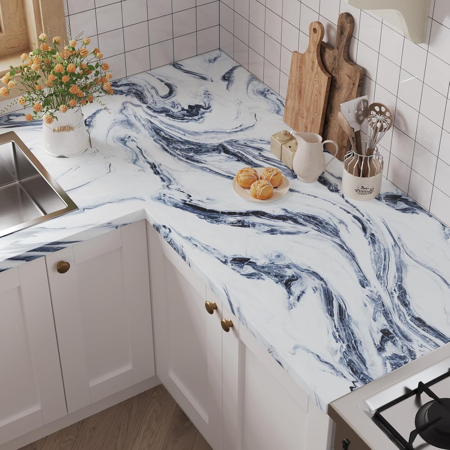 VaryPaper Navy Blue and White Marble Contact Paper