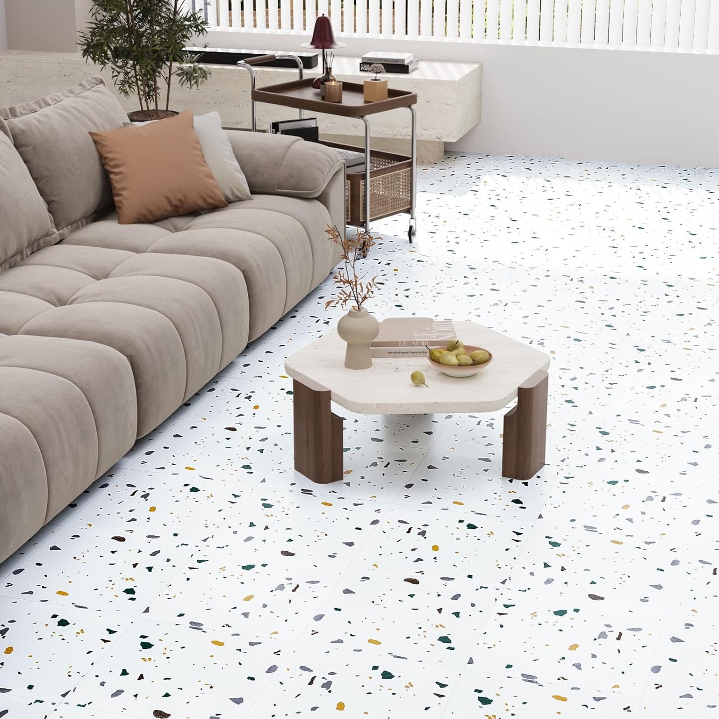 VaryPaper White Terrazzo Peel and Stick Floor Tile