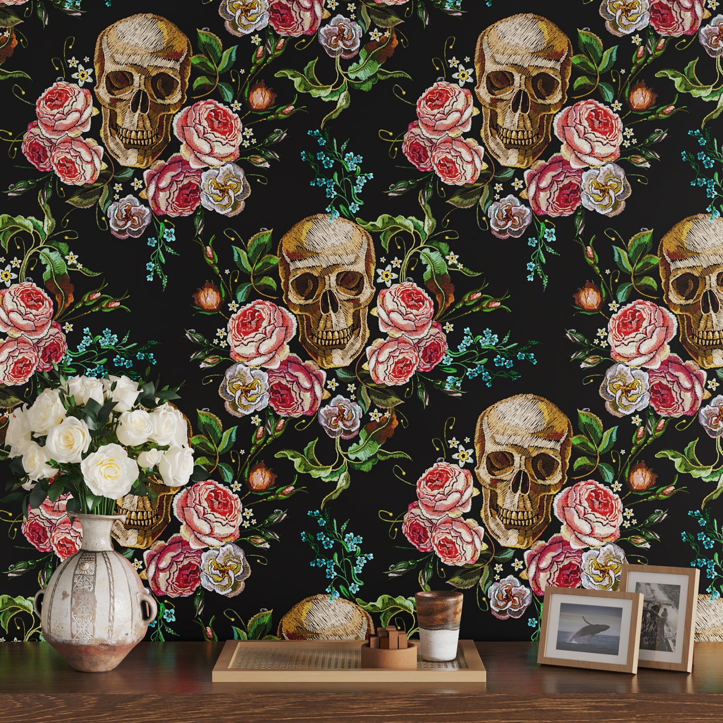 VaryPaper Vintage Floral Skull Gothic Floral Wallpaper
