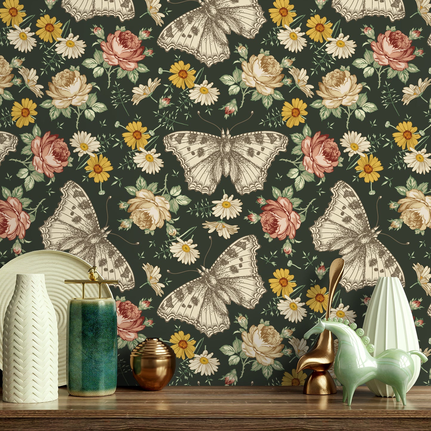 VaryPaper Dark Daisy Butterfly Peony FLoral Wallpaper