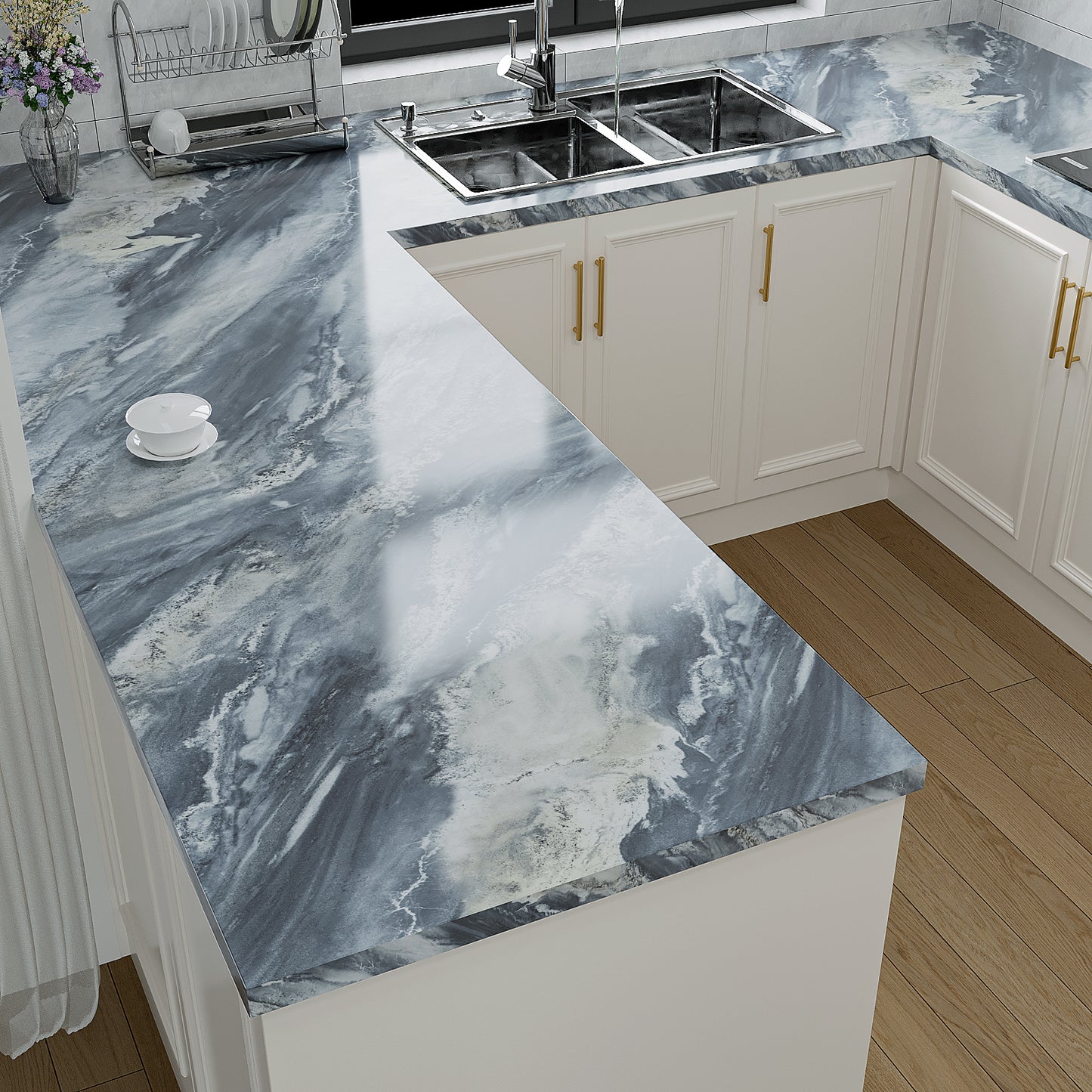 VaryPaper Glossy Blue Grey Marble Contact Paper