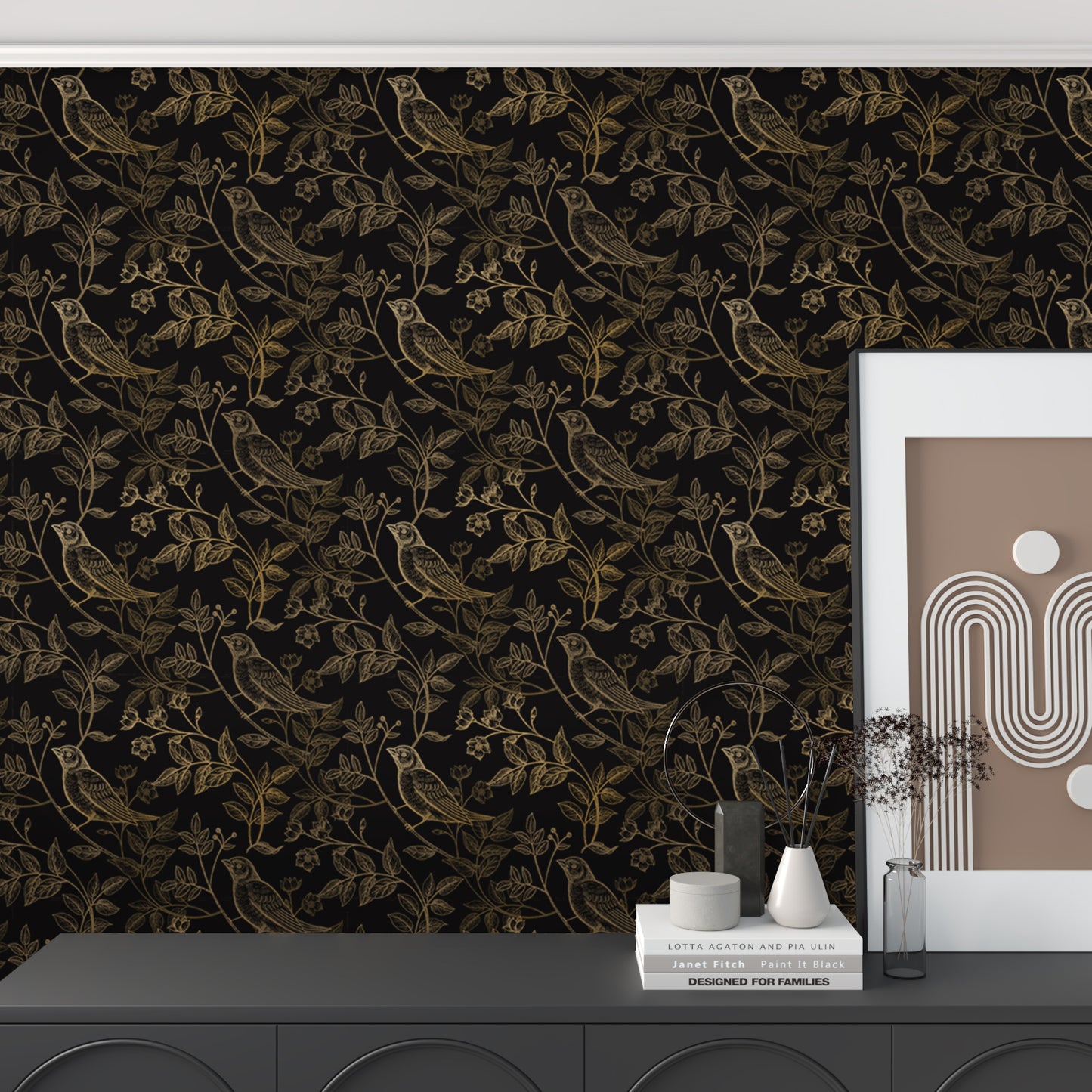 VaryPaper Black and Gold Floral Bird Wallpaper