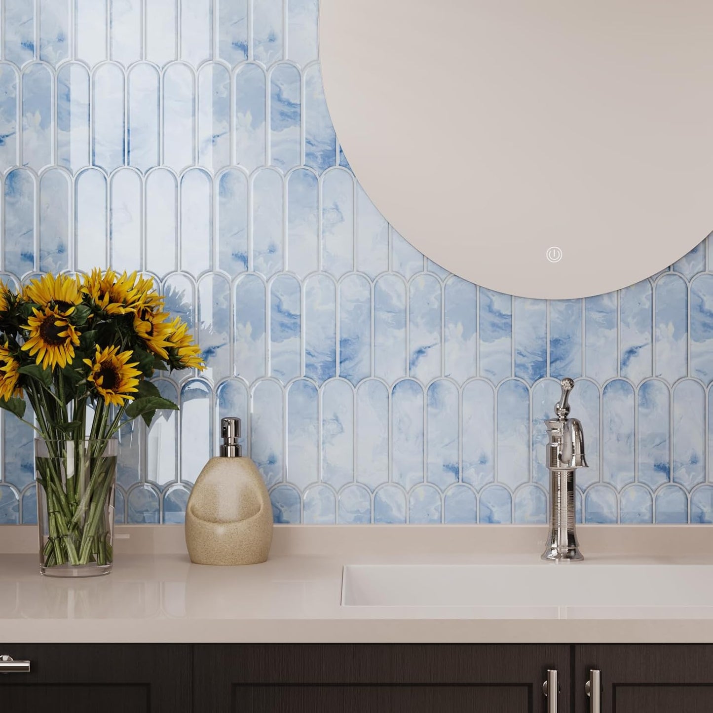 VaryPaper Cream Blue Long Fish Scale Backsplash Wall Tiles