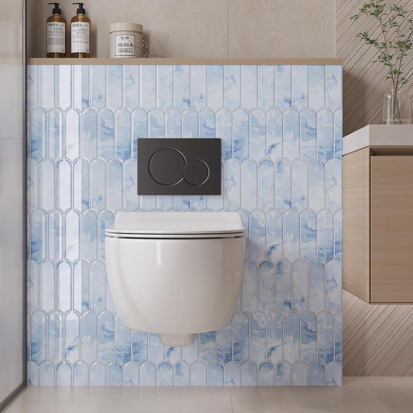 VaryPaper Cream Blue Long Fish Scale Backsplash Wall Tiles