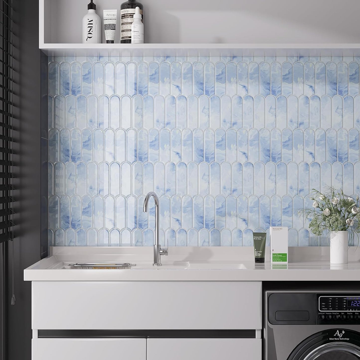 VaryPaper Cream Blue Long Fish Scale Backsplash Wall Tiles