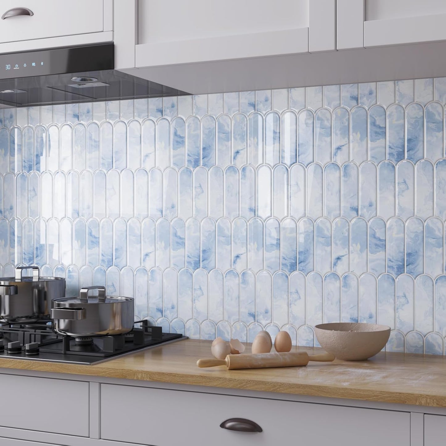 VaryPaper Cream Blue Long Fish Scale Backsplash Wall Tiles