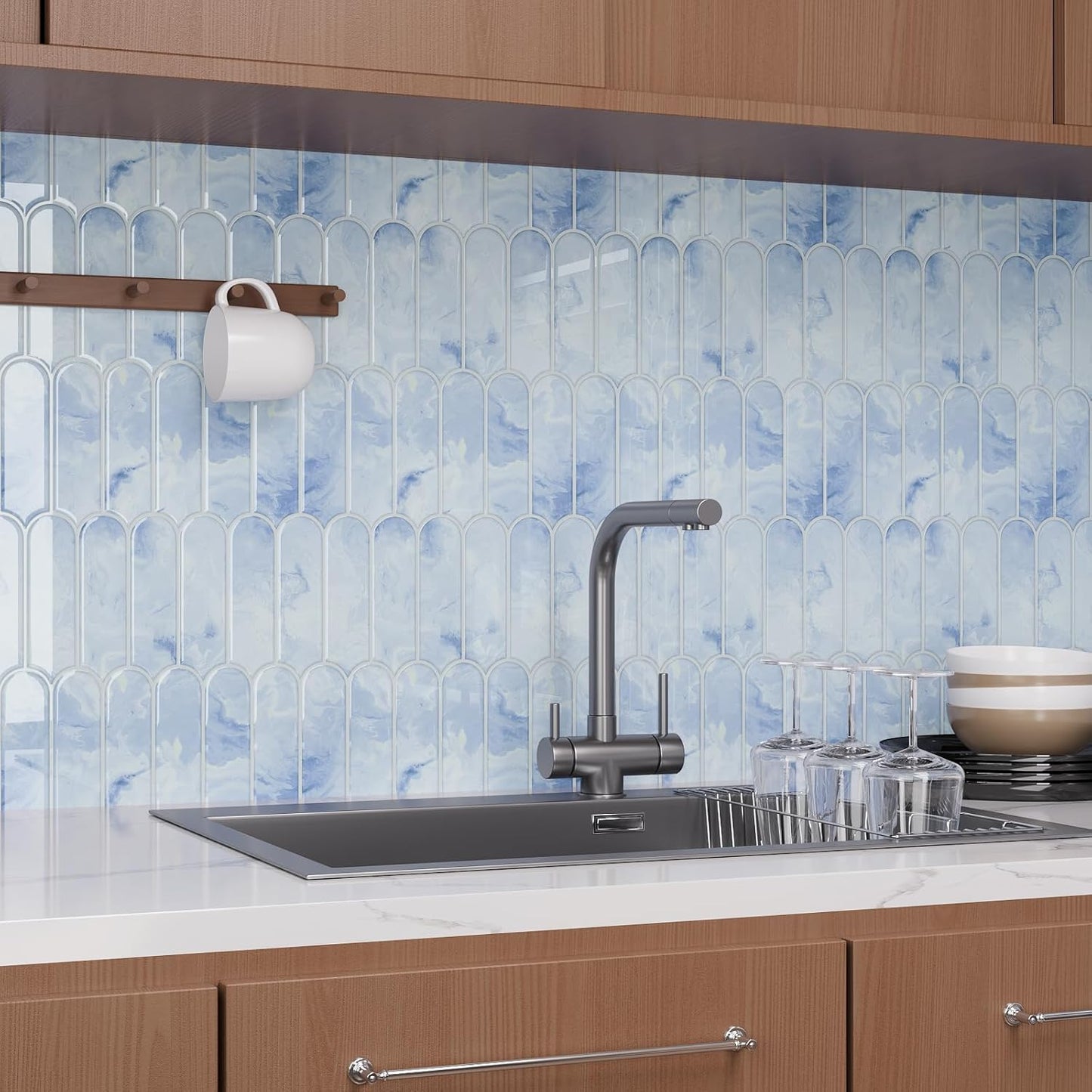 VaryPaper Cream Blue Long Fish Scale Backsplash Wall Tiles