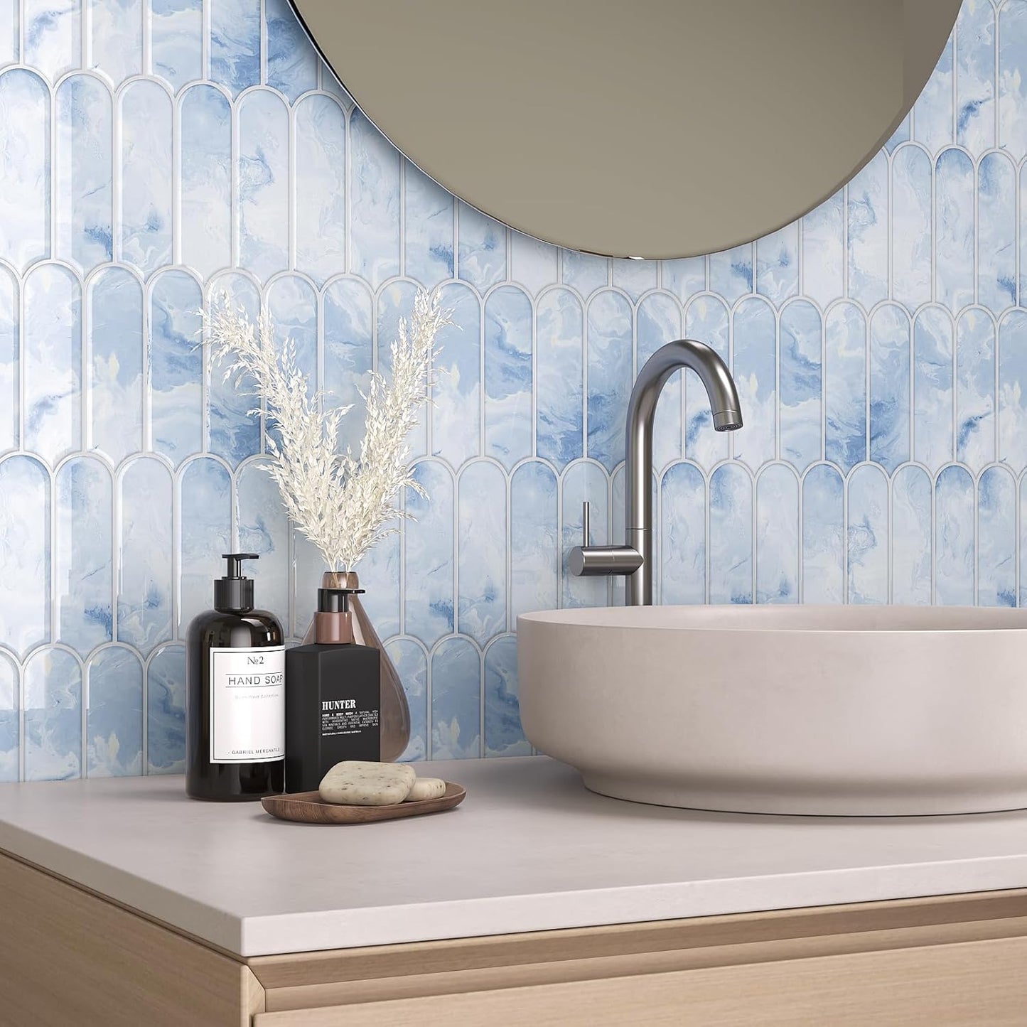 VaryPaper Cream Blue Long Fish Scale Backsplash Wall Tiles