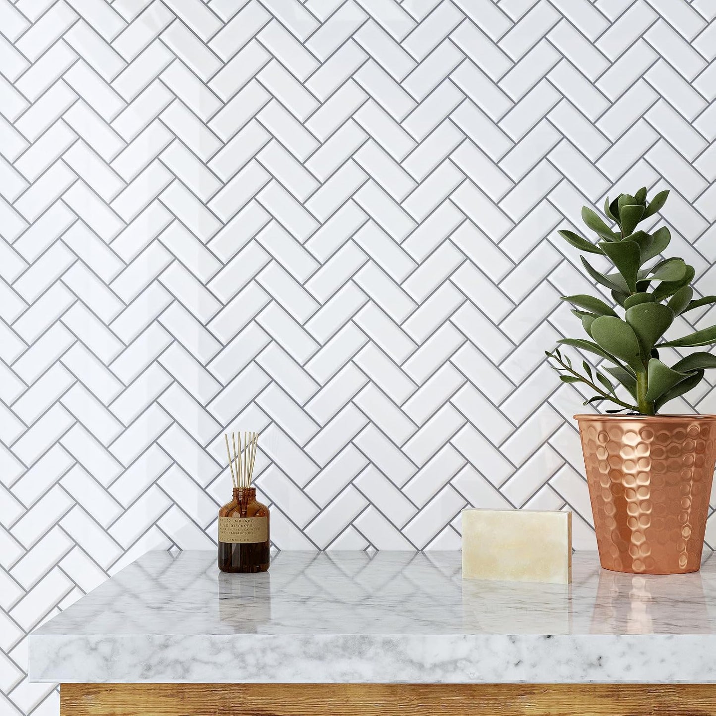 VaryPaper White Herringbone Backsplash Wall Tiles