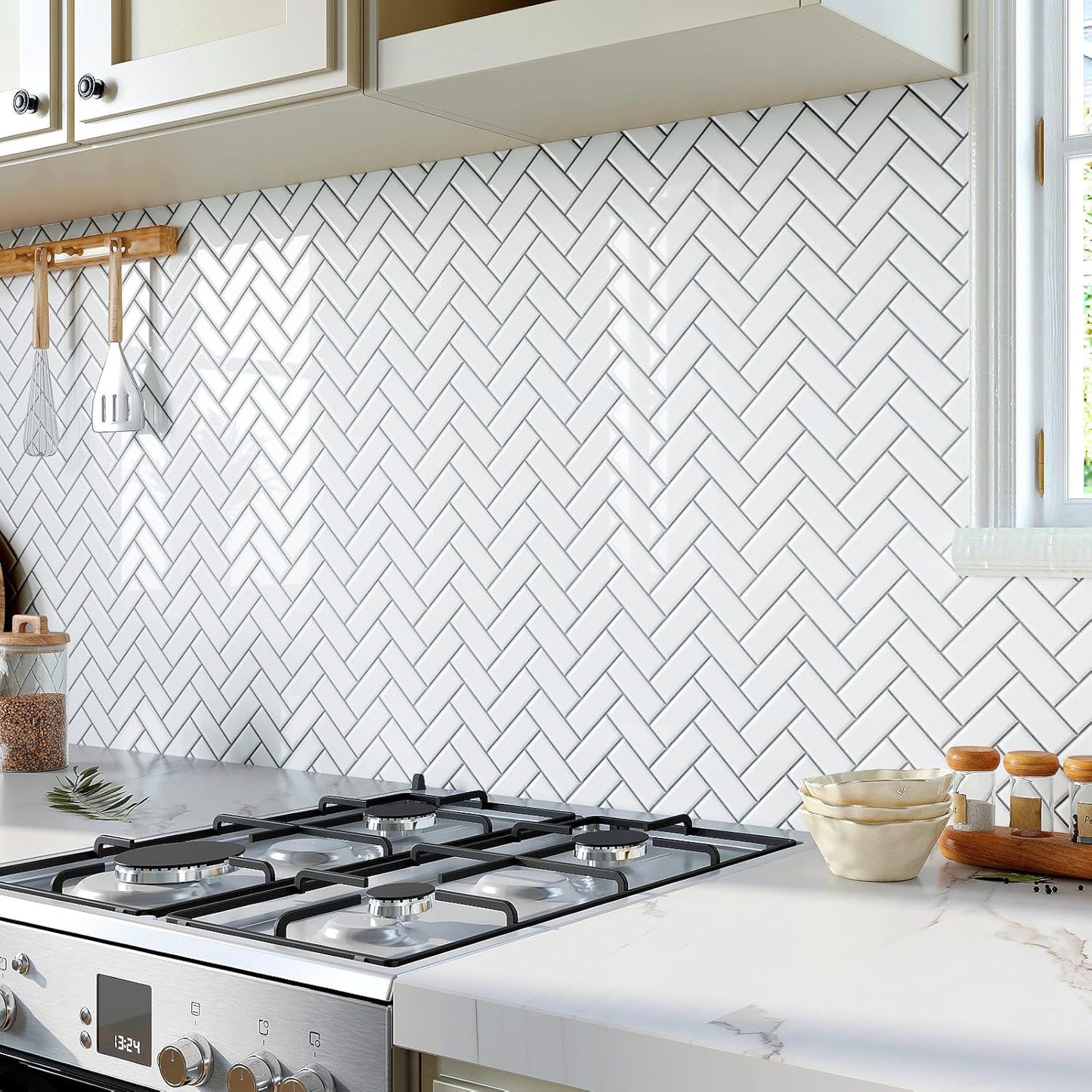 VaryPaper White Herringbone Backsplash Wall Tiles