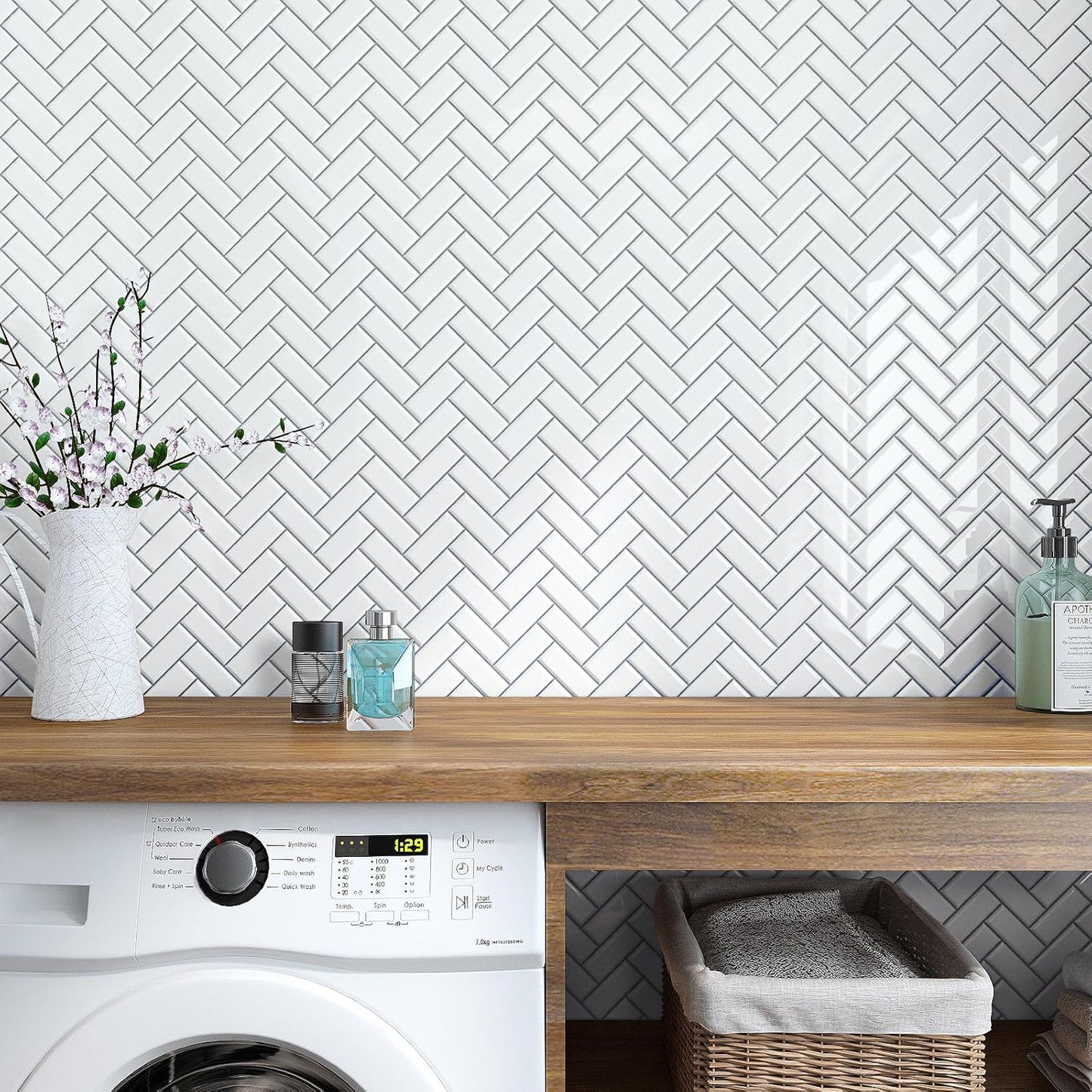 VaryPaper White Herringbone Backsplash Wall Tiles