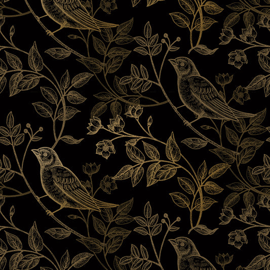 VaryPaper Black and Gold Floral Bird Wallpaper