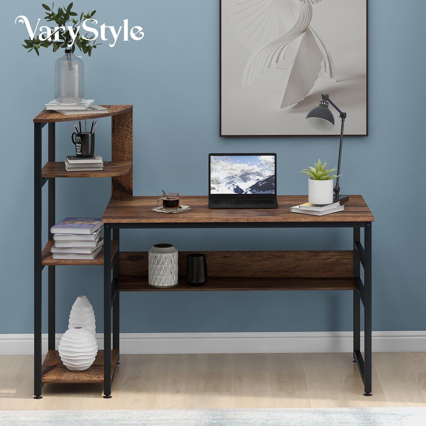 VaryStyle Computer Desk with Multi-Tier Bookshelf